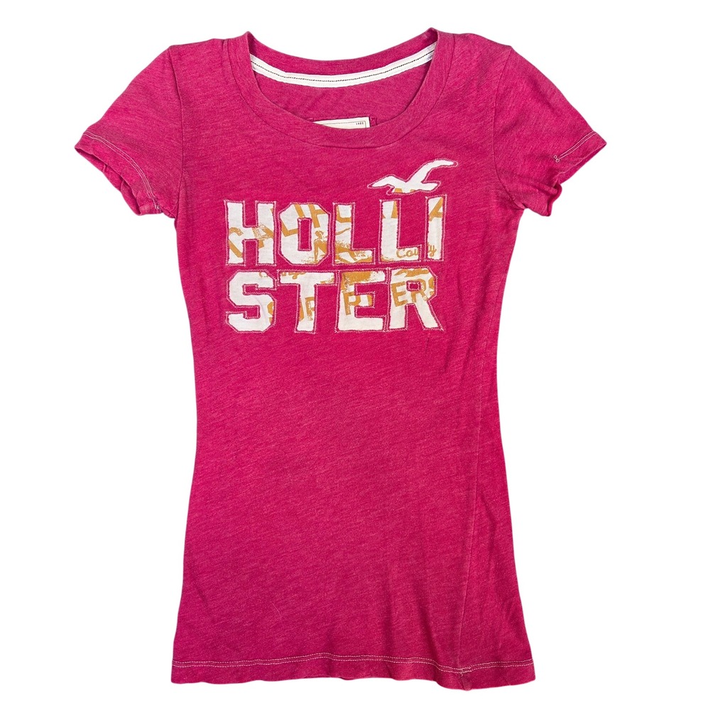 Hollister Womens XS Pink T-Shirt Short Sleeve Scoop Neck Y2K Tee 2000s Tight